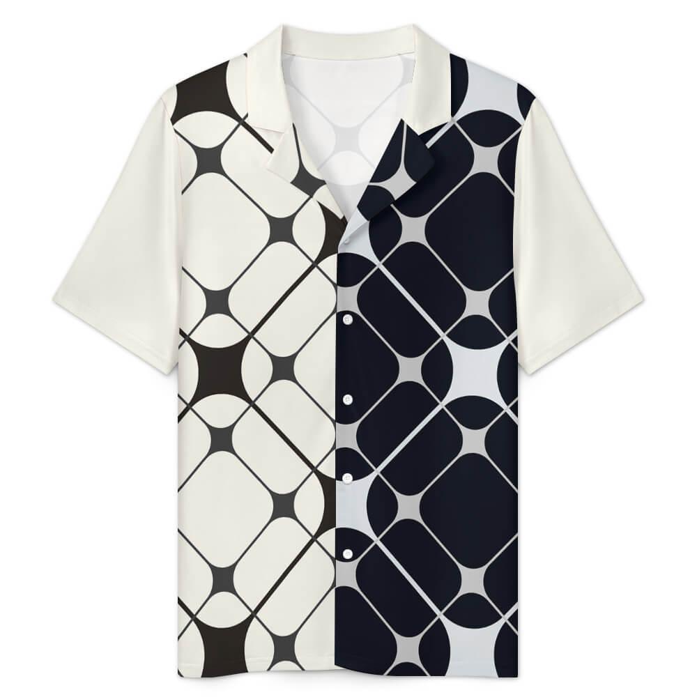 Men's ice silk pajama top with geometric pattern in cream and navy. V-neck, short-sleeved sleep shirt.