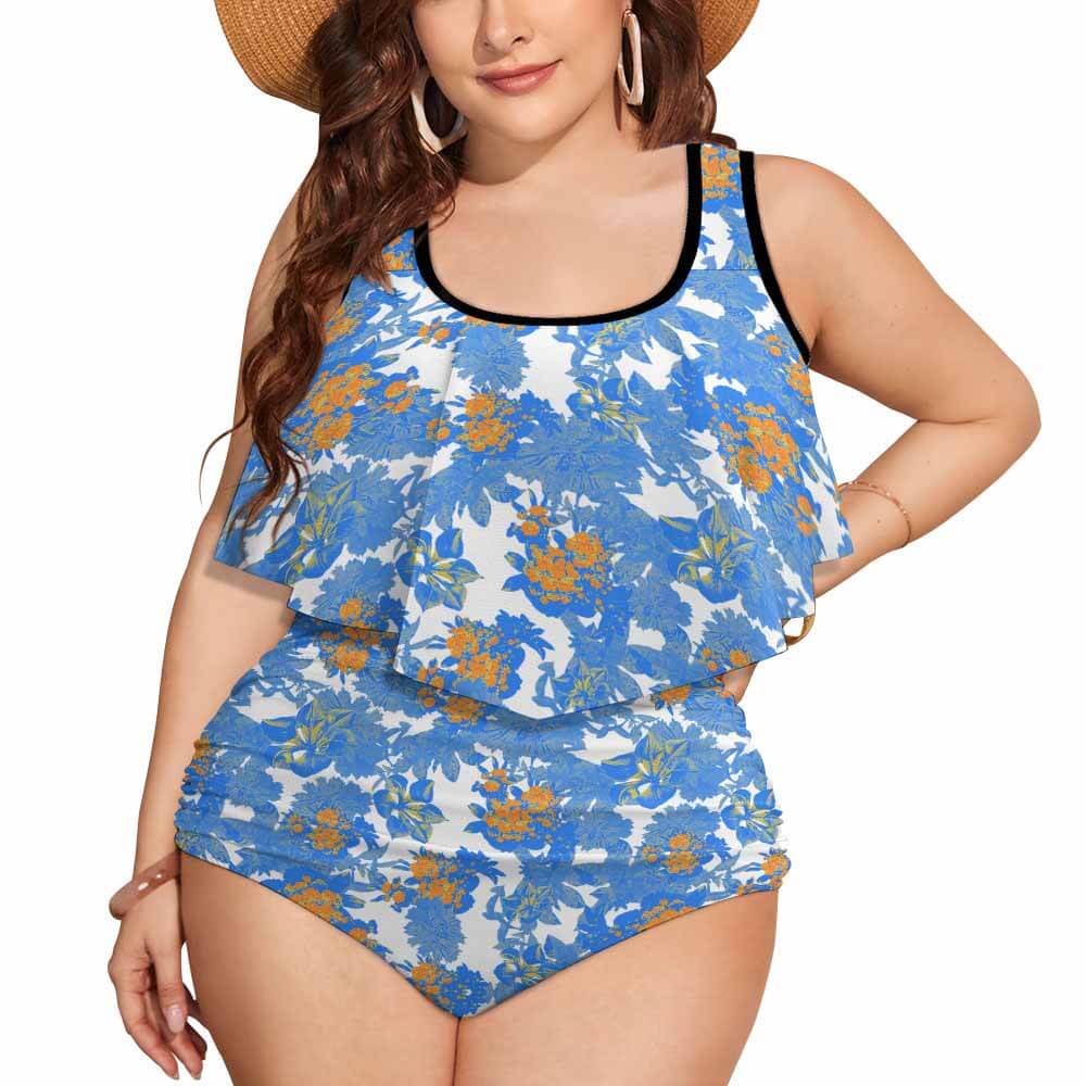 Blue floral print large size bikini swimsuit, comfortable and stylish for summer