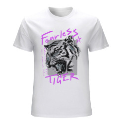 White 100% cotton T-shirt with "Fearless Tiger" graphic print, for men.