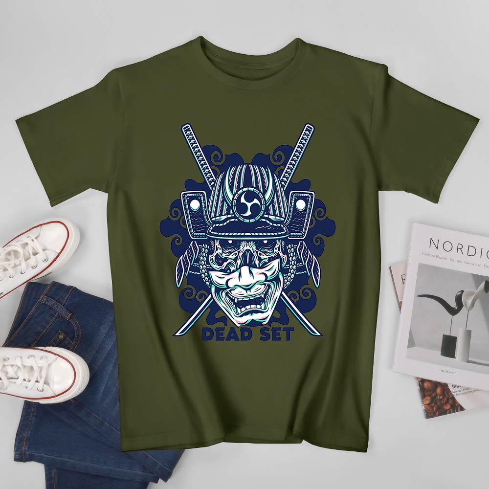 Dark green cotton samurai skull T-shirt, "DEAD SET" text, ideal for leisure and events