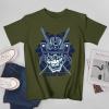 Dark green cotton samurai skull T-shirt, "DEAD SET" text, ideal for leisure and events