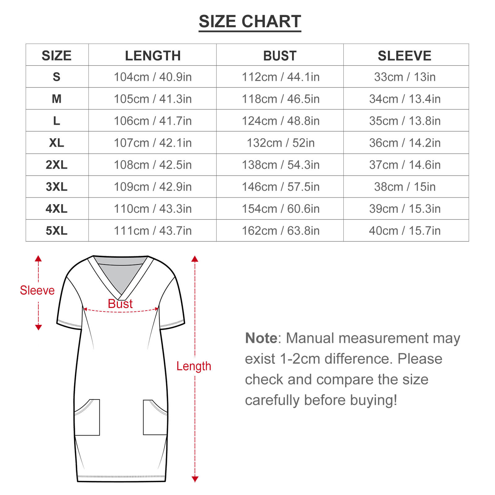 Loose pocket dress size chart, featuring bust, length, and sleeve measurements in cm and inches.