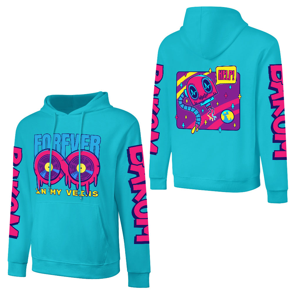 Turquoise cotton hooded sweater with FOREVER 99 design and donut graphic, sleeve prints, youth fashion style.