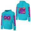 Turquoise cotton hooded sweater with FOREVER 99 design and donut graphic, sleeve prints, youth fashion style.