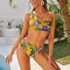 Yellow floral one-shoulder bikini swimsuit, high-waisted design, perfect for beach