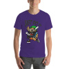 Men's purple cotton T-shirt with cartoon graphic, front view, breathable.