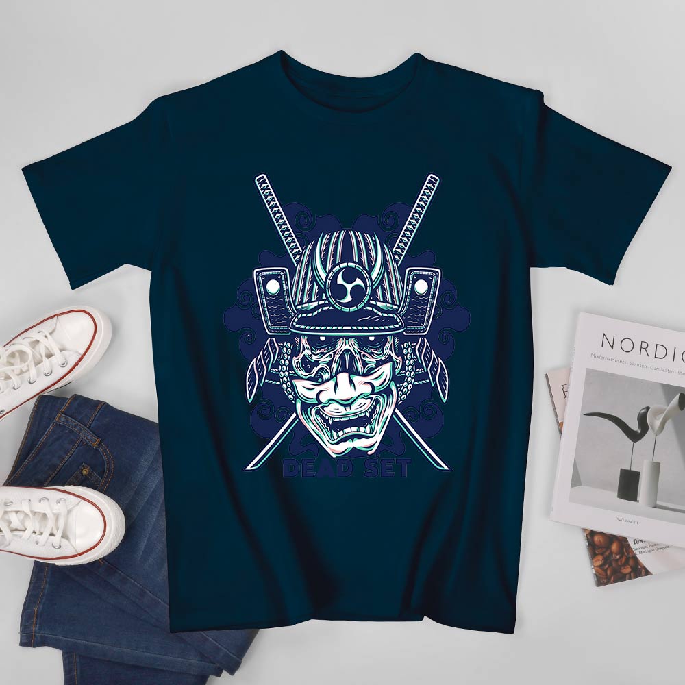 Dark blue cotton samurai skull T-shirt for men, ideal for leisure and events. 100% cotton.