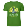 Green cotton T-shirt, Catch the Wave Surfing design, summer fashion.