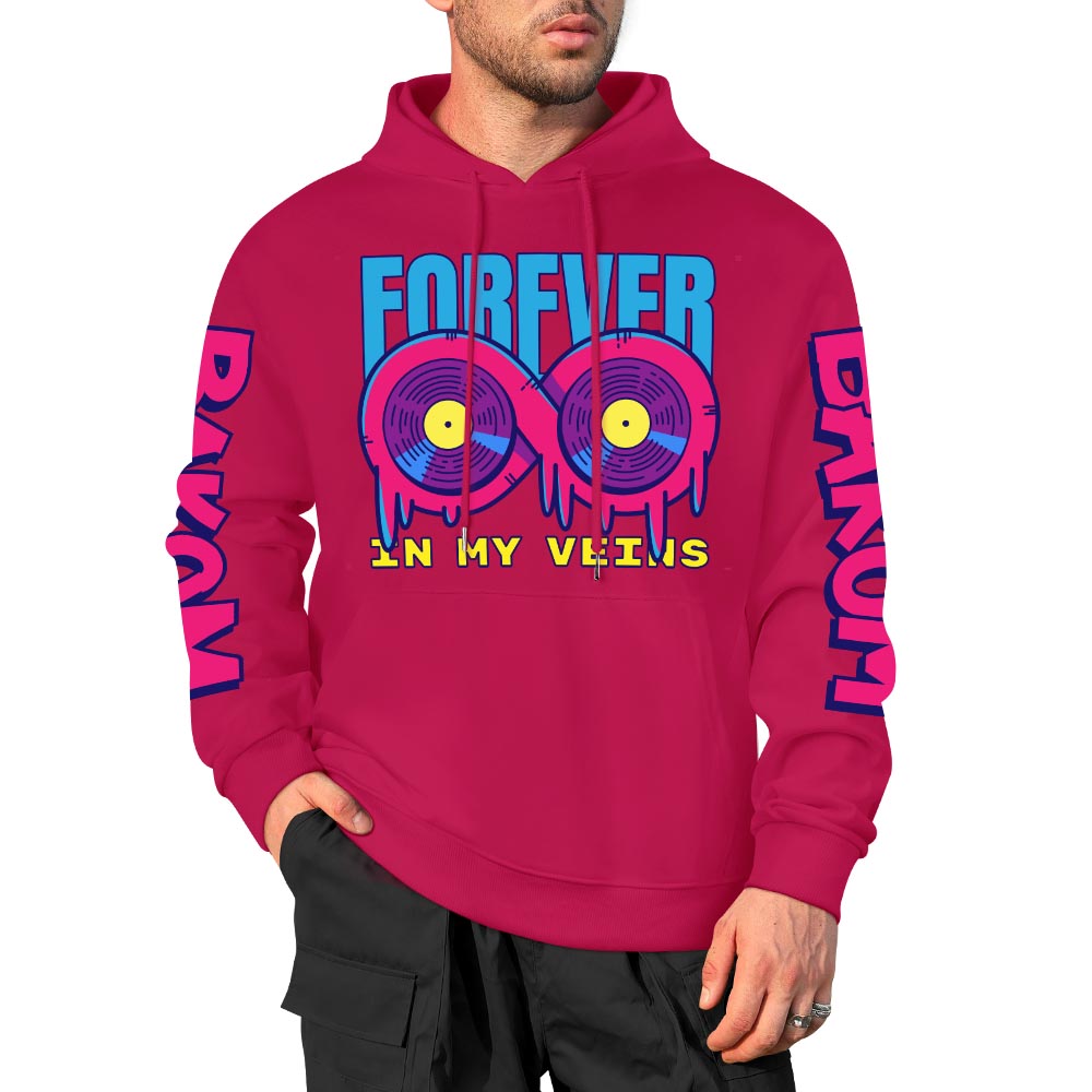 Red cotton hooded sweater with FOREVER donut graphic and sleeve prints, fashion style.