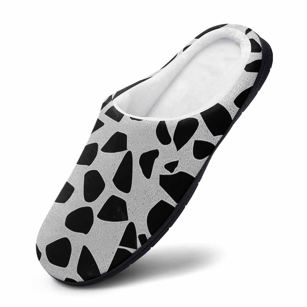 Cotton slippers with rubber sole. Features a comfortable design, black and white pattern, ideal for indoor wear.