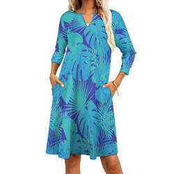 7-point sleeve dress in blue with leaf pattern