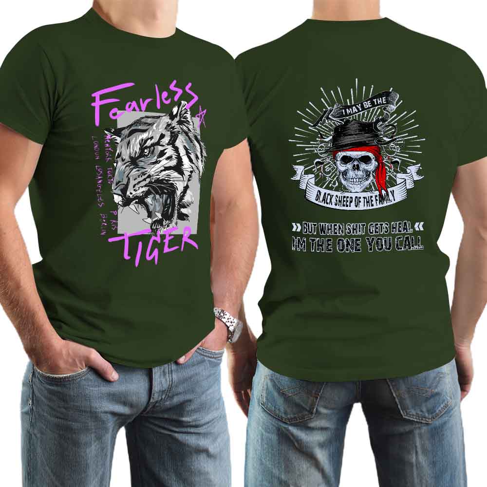 Dark green men's 100% cotton Fearless Tiger graphic tee, vintage style.
