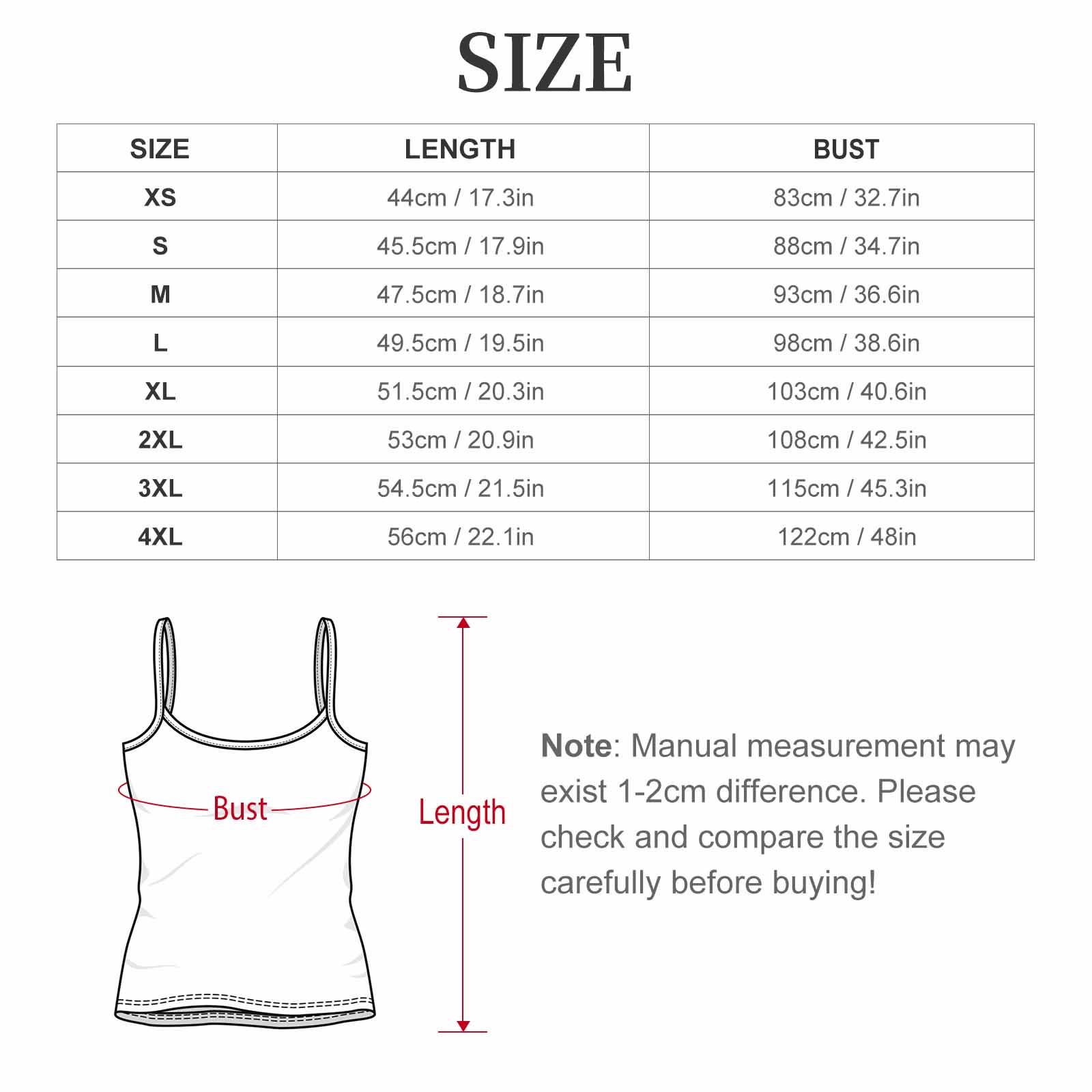 Strap pajama set size chart with measurements for bust, waist, and length.