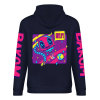 Navy blue cotton hoodie with FOREVER donut graphic, DAKUM and CHRONM sleeve prints, youth fashion style