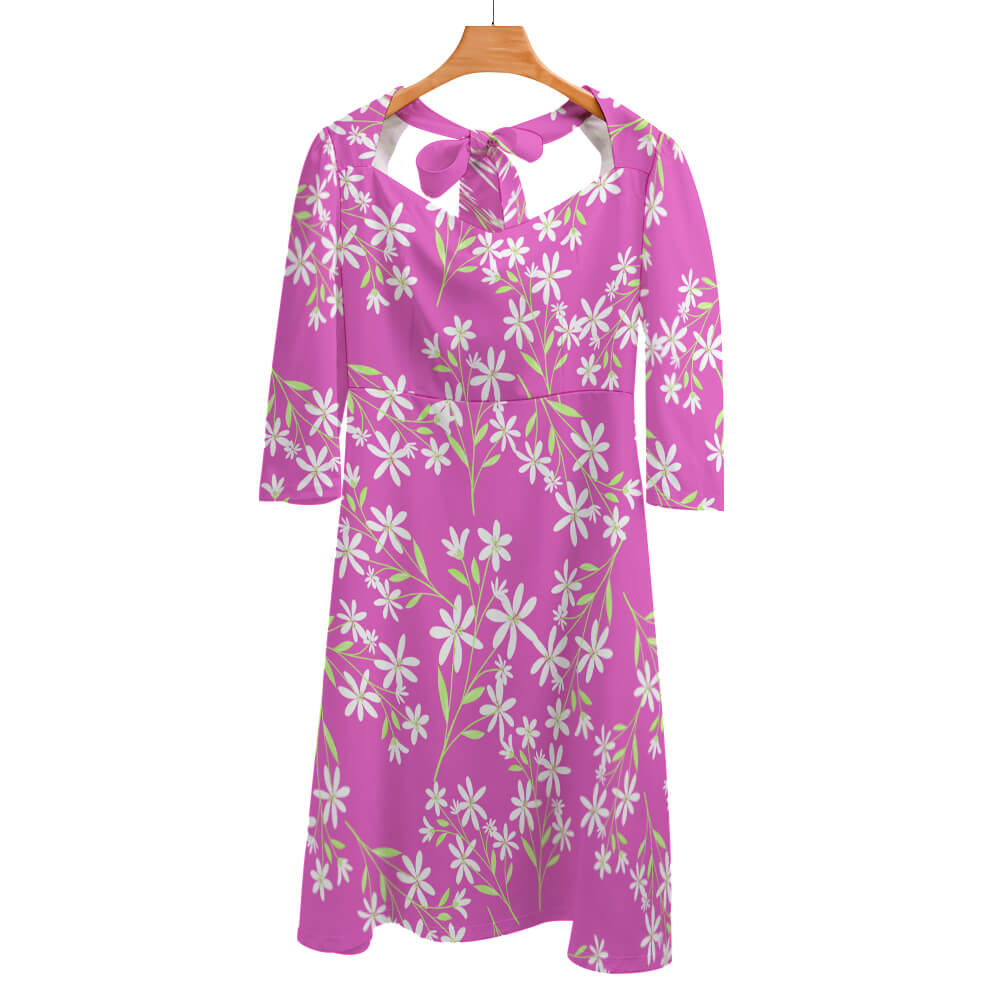 Pink floral Sweetheart Knot Flare Dress with mid-length sleeves, perfect for parties and vacation.