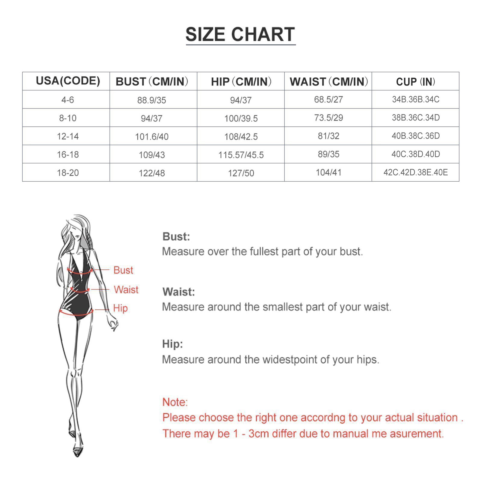 Size chart for long sleeve crew neck bikini swimsuit. Featuring bust, waist, hip and cup measurements for ladies swimwear.