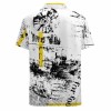 Retro short-sleeved shirt, white with yellow accents, 100% polyester, printed design.