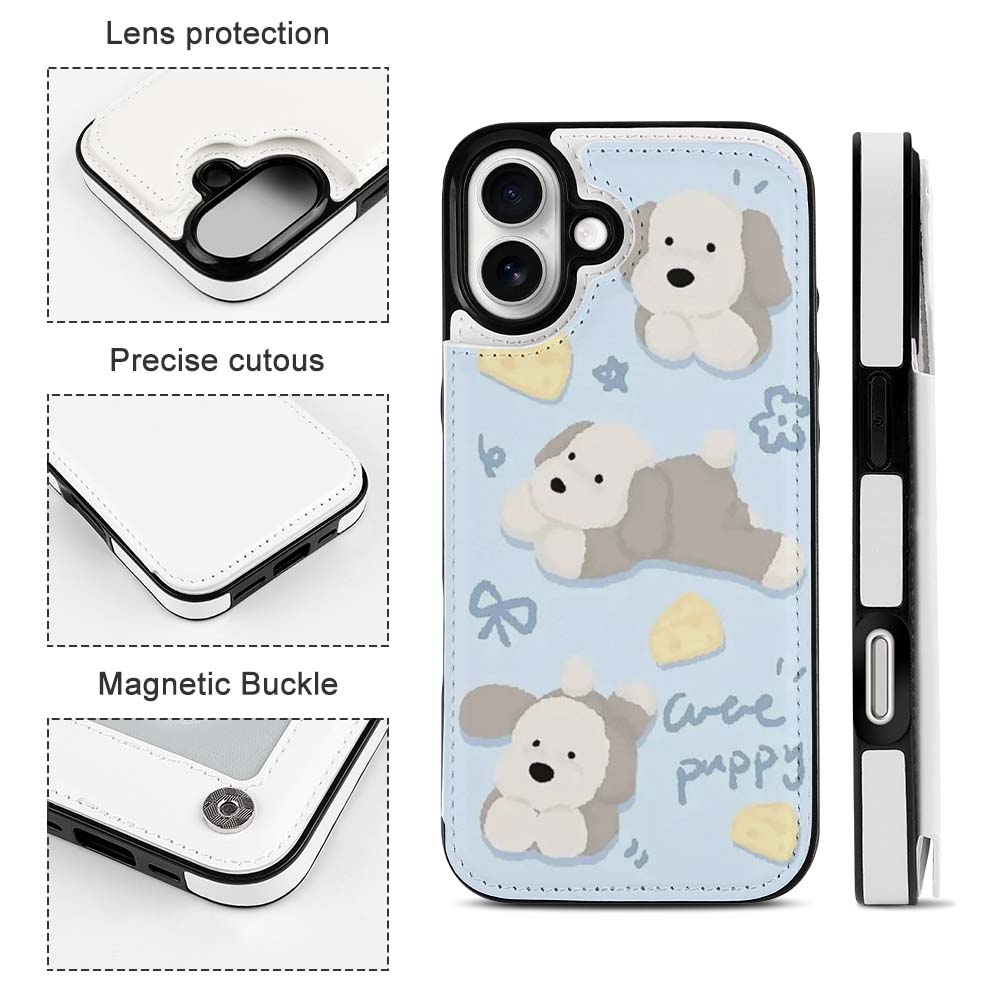 iPhone 16 case with cartoon bear design, camera protection, TPU leather cover, card slot design.