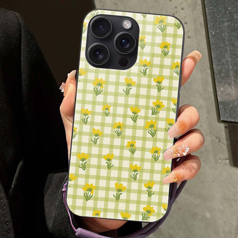 iPhone 15 case with yellow gingham floral pattern and sunflower design, Glass + TPU protection.