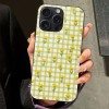 iPhone 15 case with yellow gingham floral pattern and sunflower design, Glass + TPU protection.