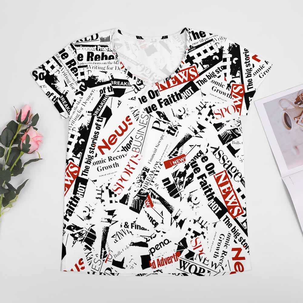 V-neck short sleeve T-shirt with abstract print, 95% polyester, 5% spandex, suitable for summer wear, Inkedjoy