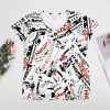 V-neck short sleeve T-shirt with abstract print, 95% polyester, 5% spandex, suitable for summer wear, Inkedjoy