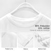White long sleeve crew neck t-shirt, polyester-cotton blend, showcasing fabric texture and stitching details.