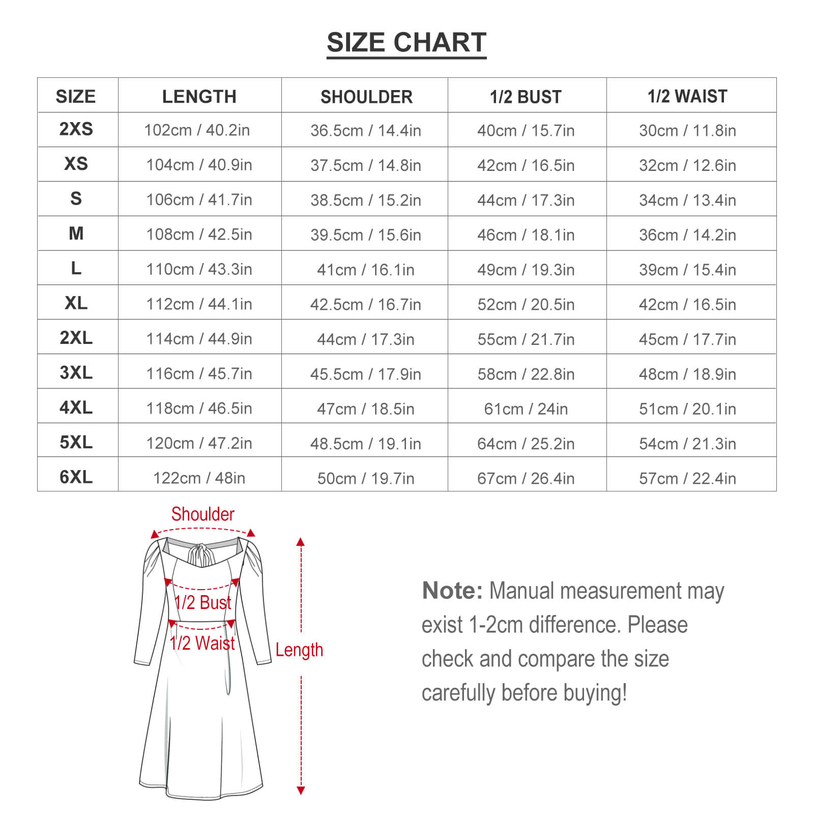 Sweetheart Knot Flare Dress size chart: length, shoulder, bust, waist measurements.