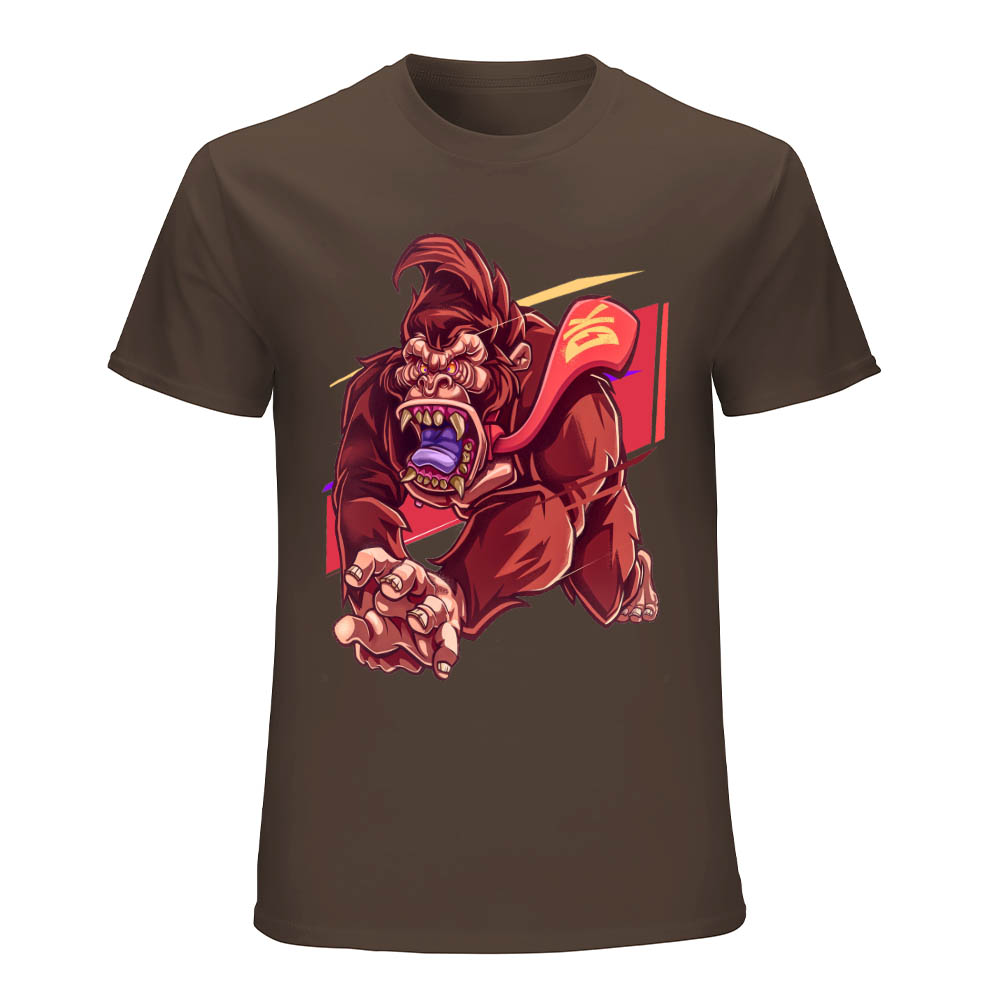 Brown cotton men's T-shirt with red monster graphic print, crew neck, Inkedjoy design