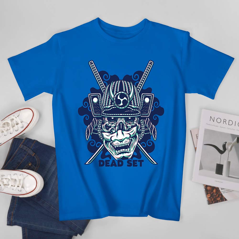 Royal blue cotton men's t-shirt with a detailed samurai skull design, perfect for leisure and events