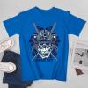 Royal blue cotton men's t-shirt with a detailed samurai skull design, perfect for leisure and events