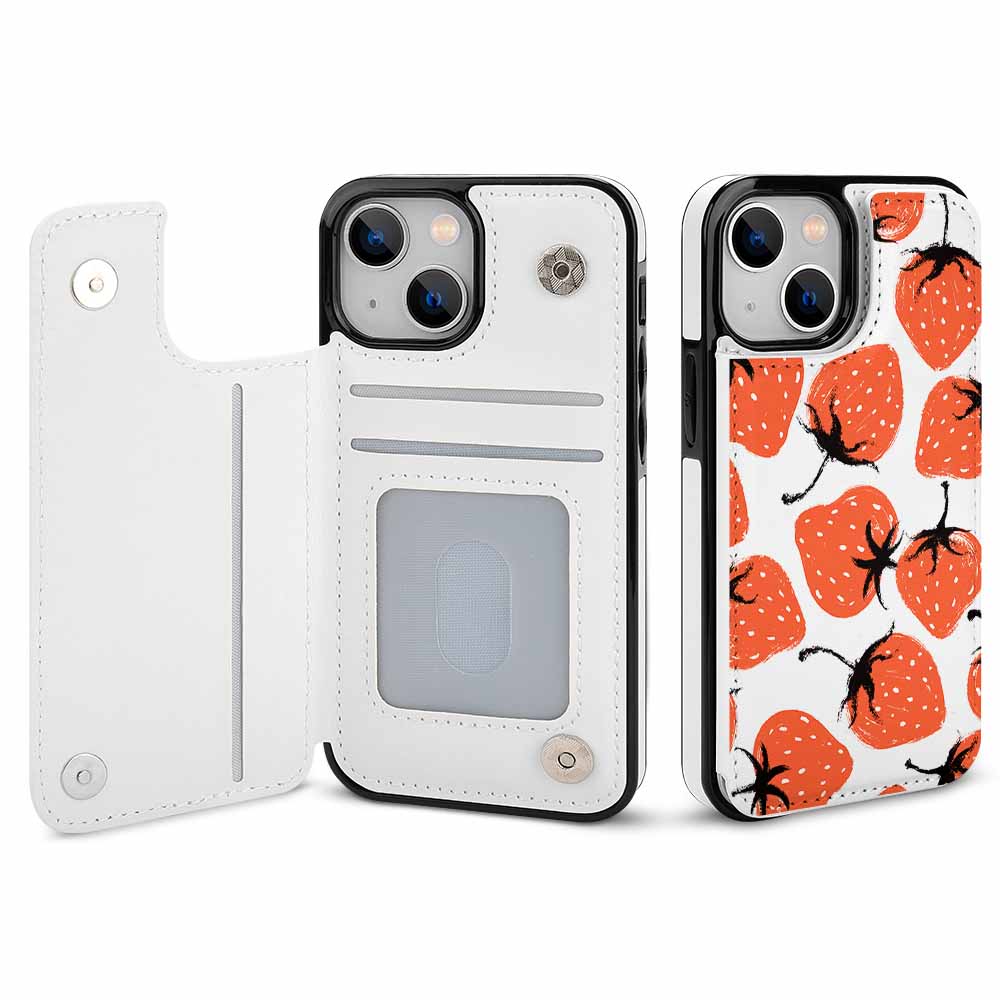 iPhone 13 case with card slot, strawberry print and leather material
