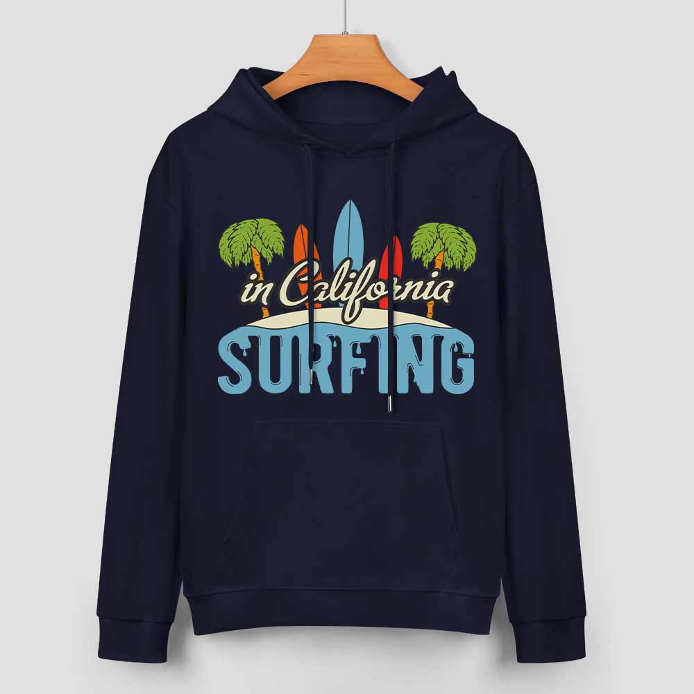Navy blue cotton California Surfing hoodie for men, loose fit design, suitable for daily wear.