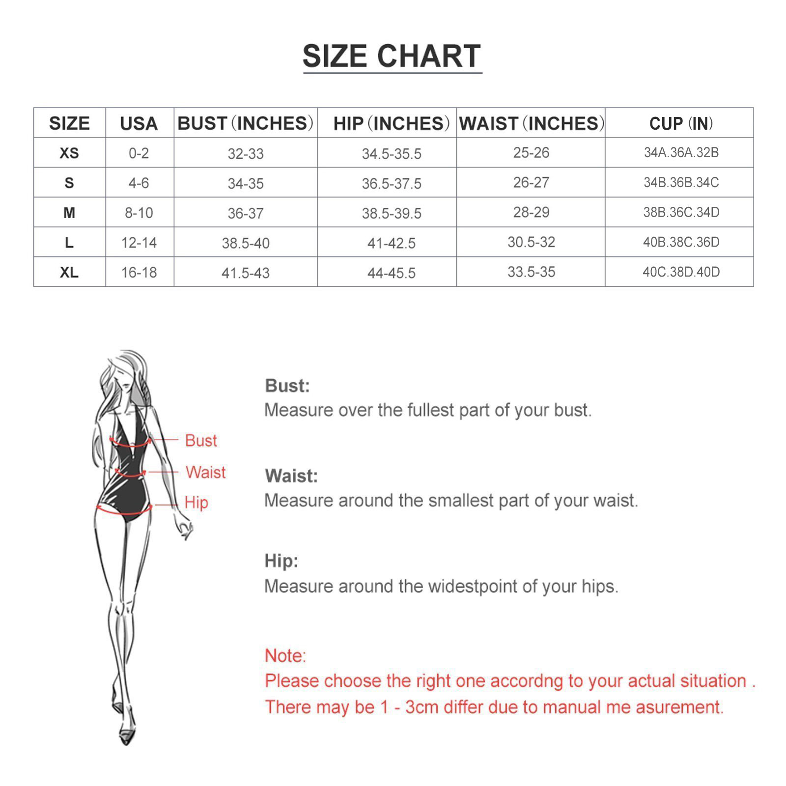 Size chart for Sexy Sling Bikini Swimsuit, including bust, waist, hip measurements in inches.