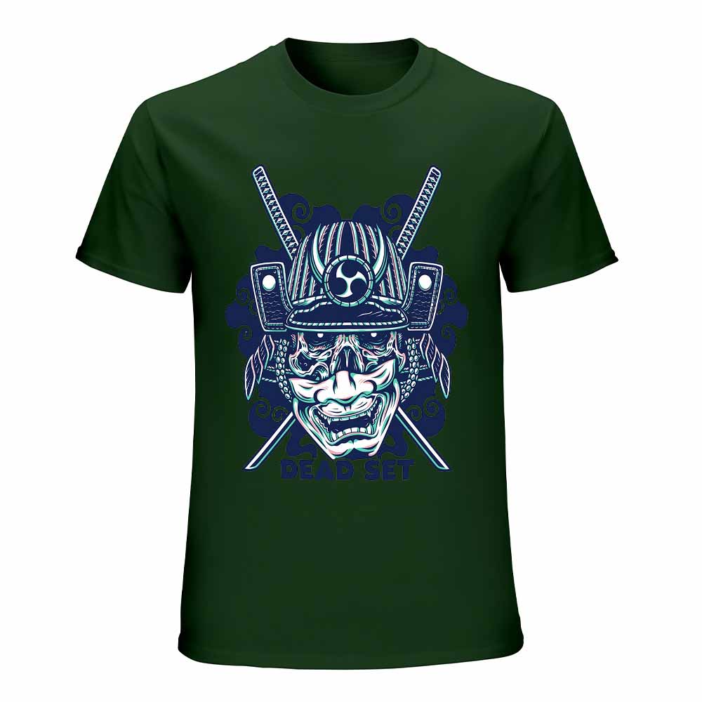 Dark green cotton samurai skull T-shirt for men, ideal for leisure and events.