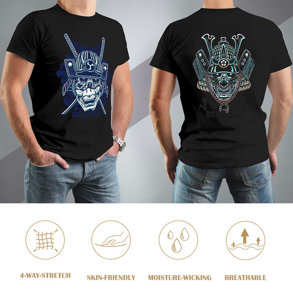 Black cotton men's T-shirt with blue samurai skull design, ideal for events and leisure, 100% cotton.