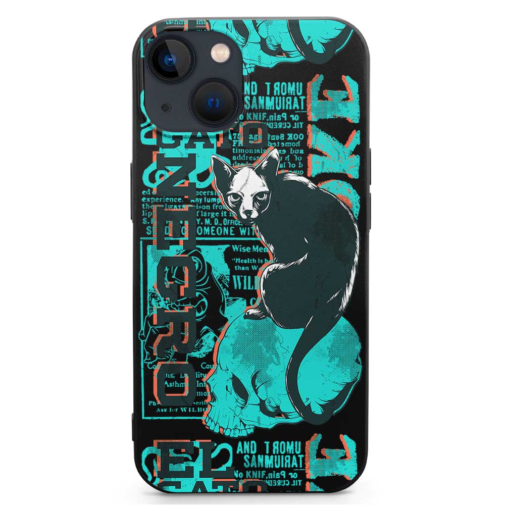 iPhone 13 phone case with a unique cat design, featuring text and a turquoise and black color scheme. Made from TPU material.