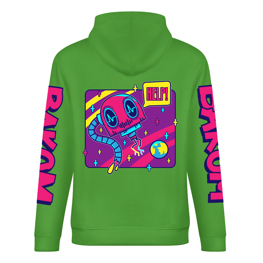 Green cotton hoodie with 'FOREVER 99' and DAKUM and CRASUM sleeve prints, youth fashion style