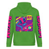 Green cotton hoodie with 'FOREVER 99' and DAKUM and CRASUM sleeve prints, youth fashion style