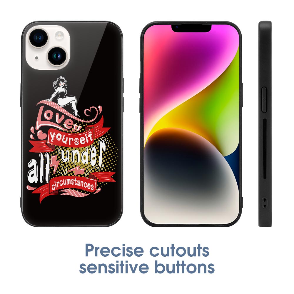iPhone 14 glass case with 'Love is served under all weather' design, black TPU base, stylish and protective.