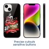 iPhone 14 glass case with 'Love is served under all weather' design, black TPU base, stylish and protective.