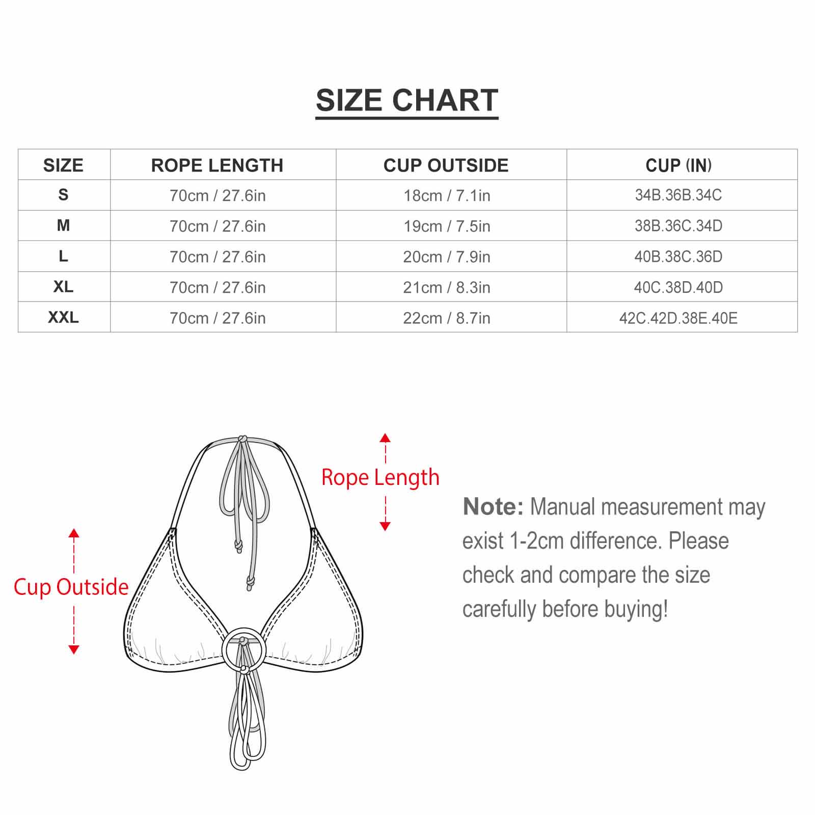 Bikini top size chart with measurements in centimeters and inches. Features cup outside, rope length, and cup details.