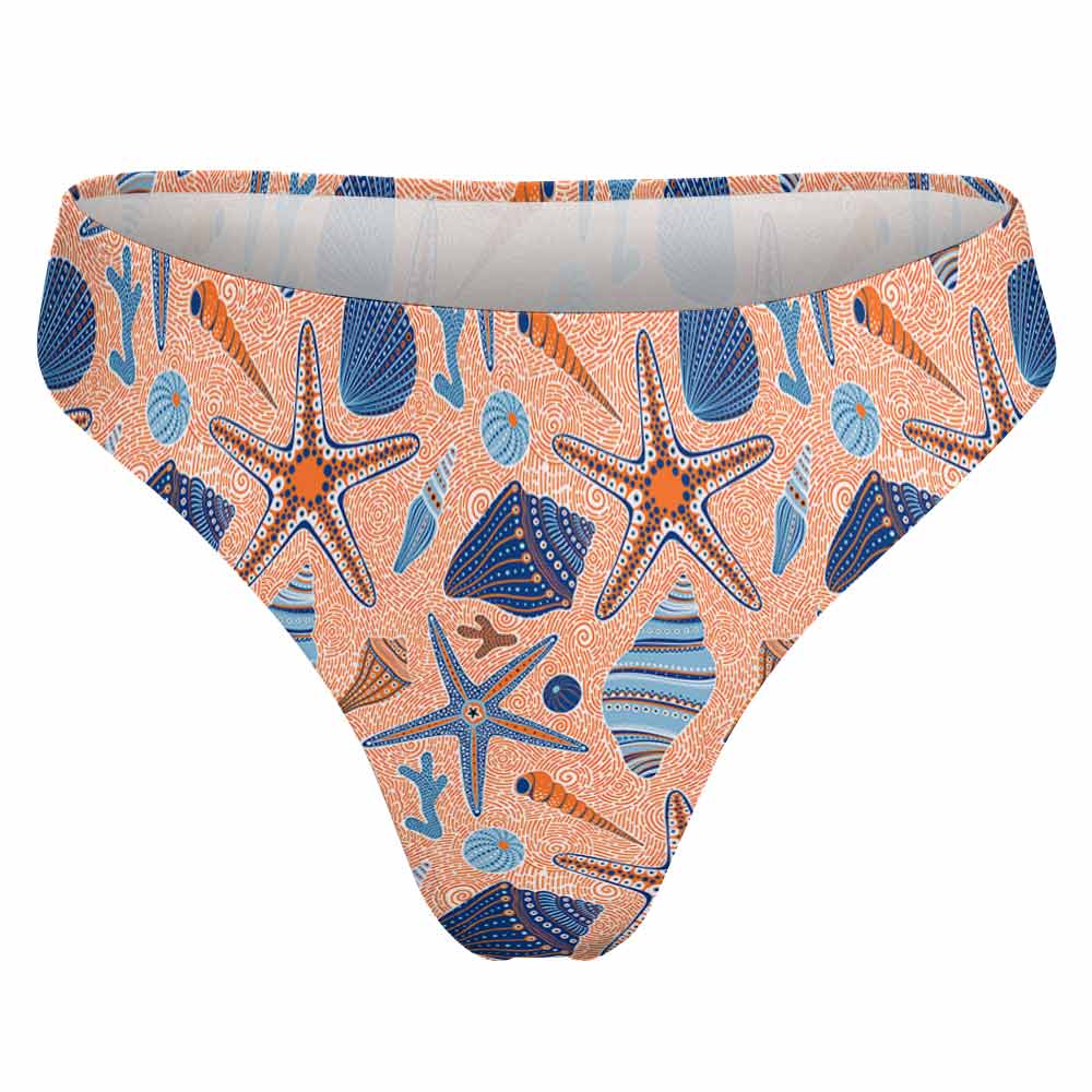 Peach thong panties with blue starfish pattern, comfortable polyester spandex blend for women