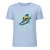 Light blue pure cotton surfing T-shirt featuring a surfer design, summer fashion.