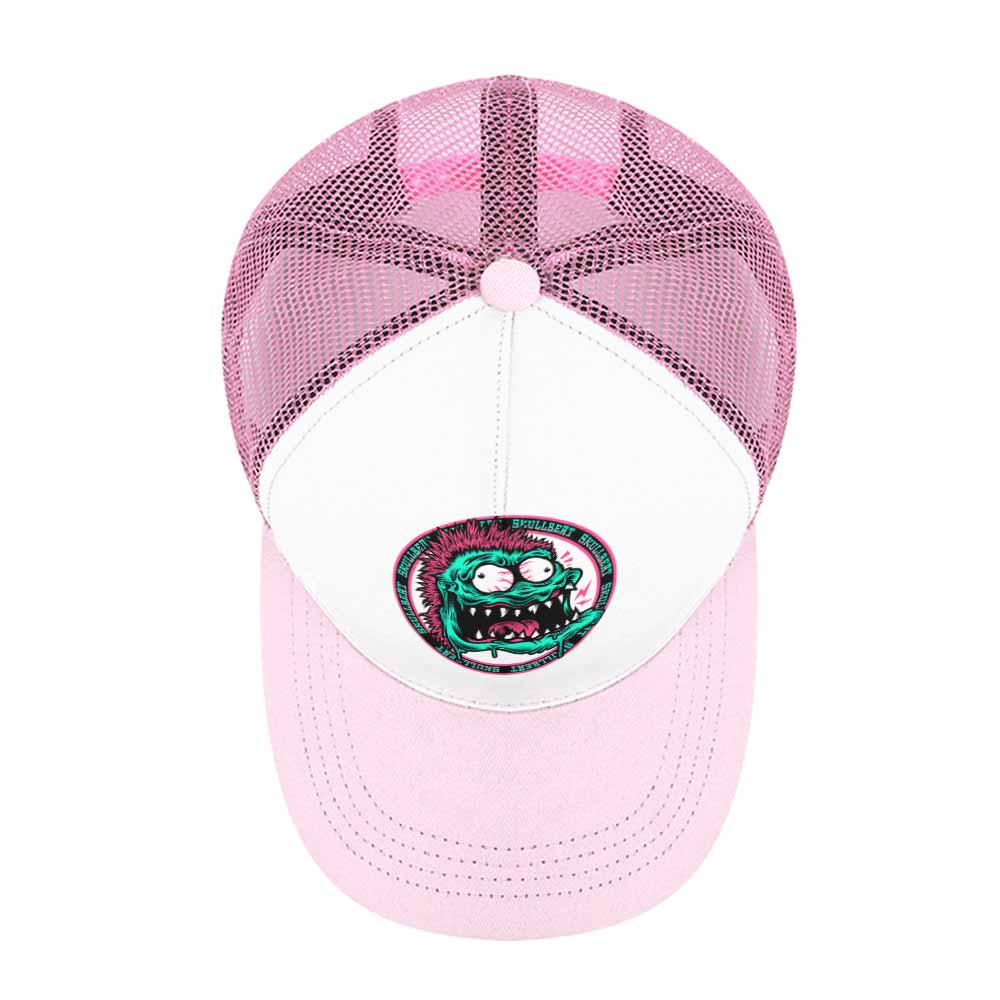 Pink and white baseball cap with green monster graphic, mesh back. Adjustable outdoor hat.
