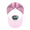 Pink and white baseball cap with green monster graphic, mesh back. Adjustable outdoor hat.