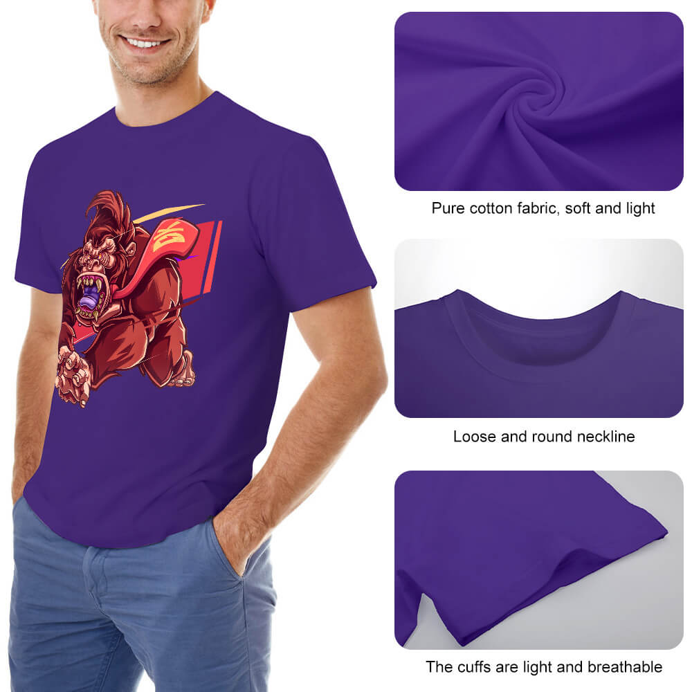 Men's purple cotton T-shirt with red monster graphic print, Inkedjoy design, 100% cotton, crew neck, soft fabric