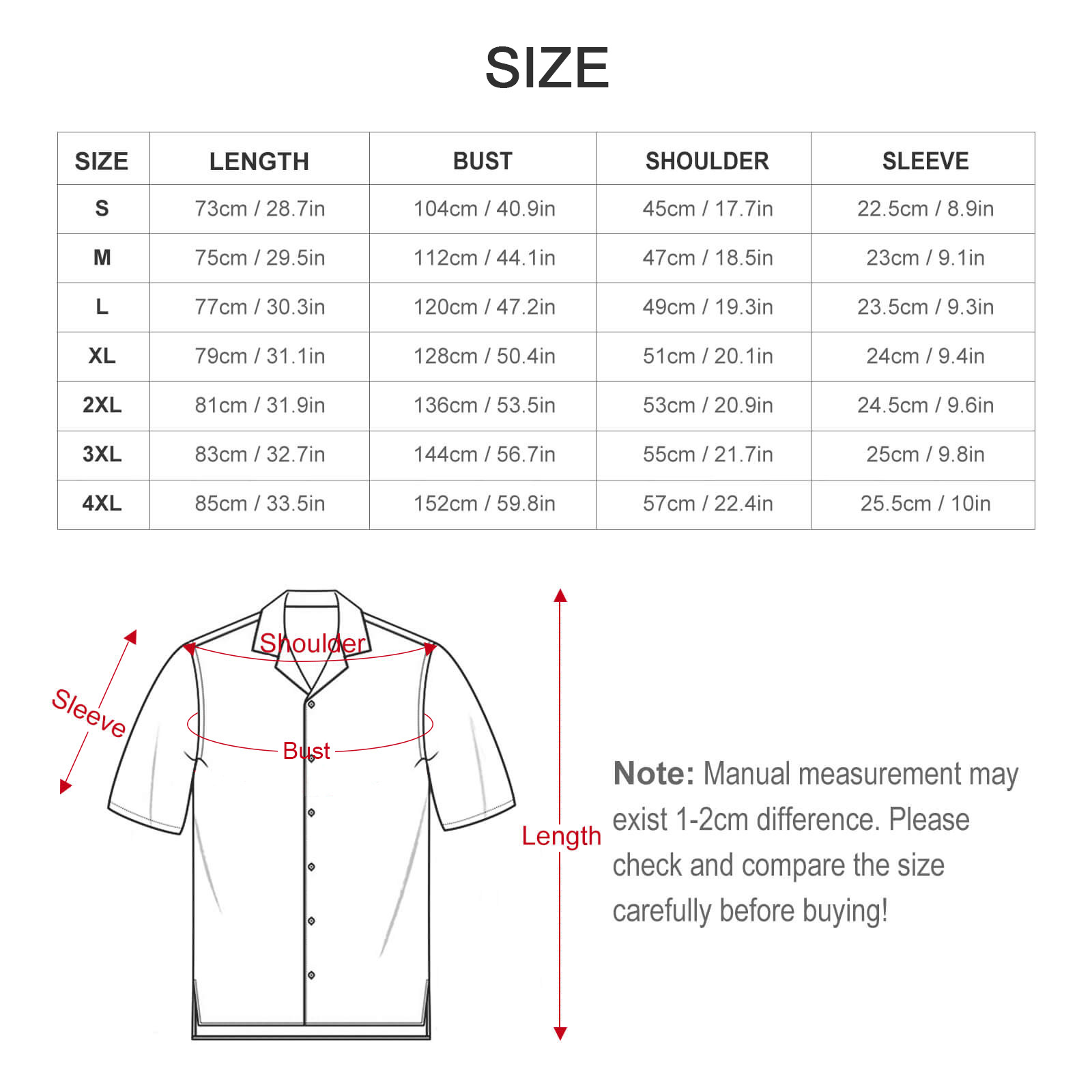 Upgrade Cuban collar shirt size chart, featuring length, bust, shoulder and sleeve measurements in cm/in.