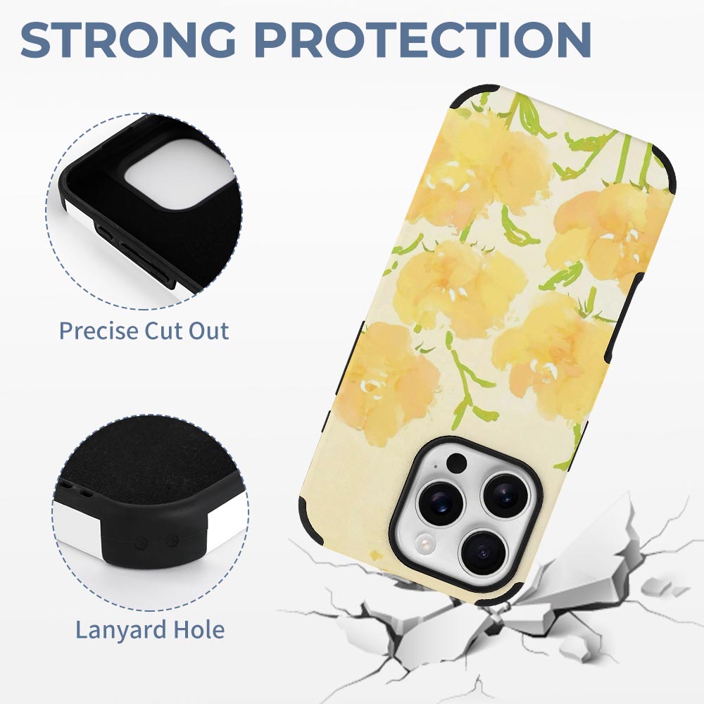 iPhone 16 yellow floral fiber skin case, protective cover, precise cutouts and sensitive buttons.