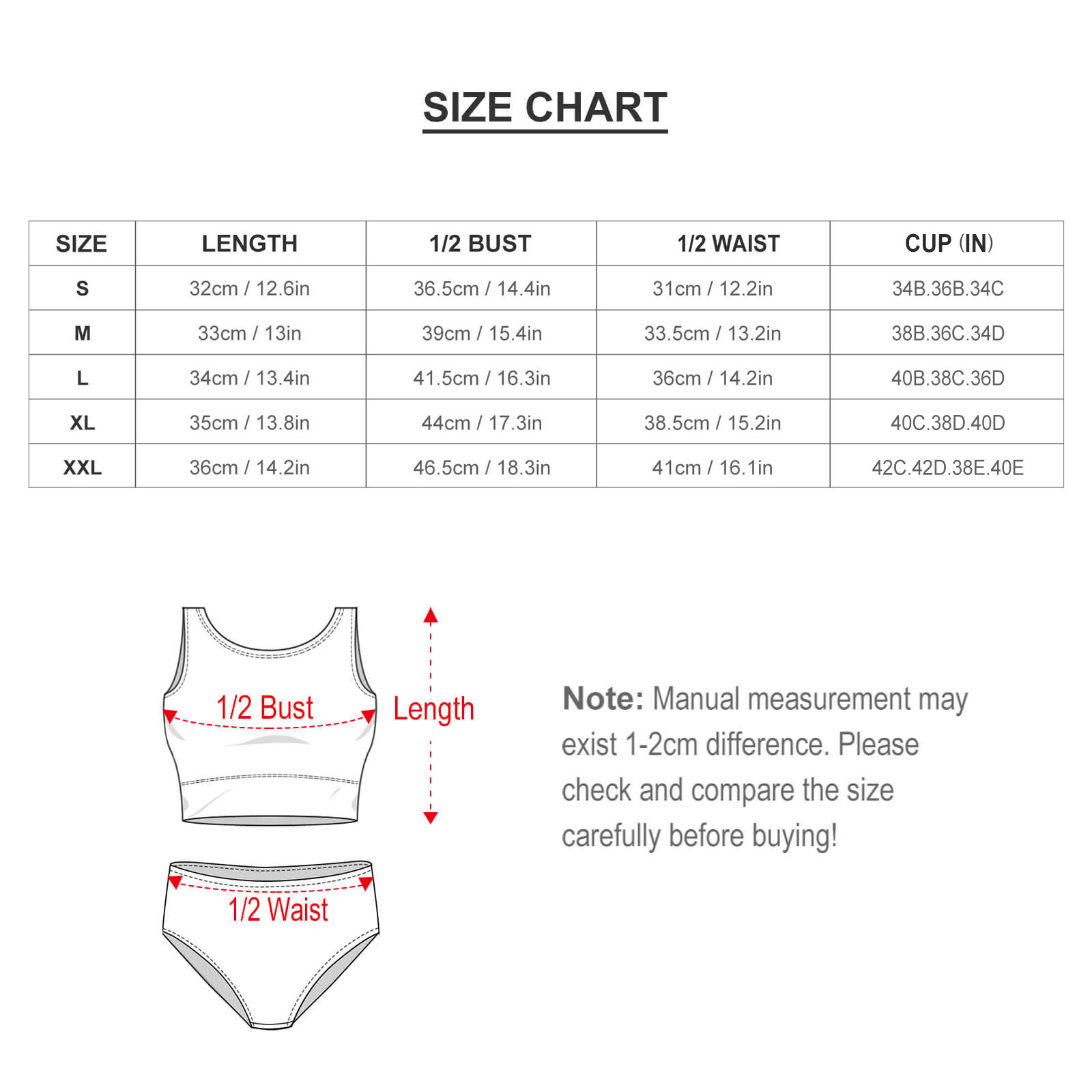 Striped bikini swimsuit size chart, including measurements for length, bust, and waist, showing sizing details.